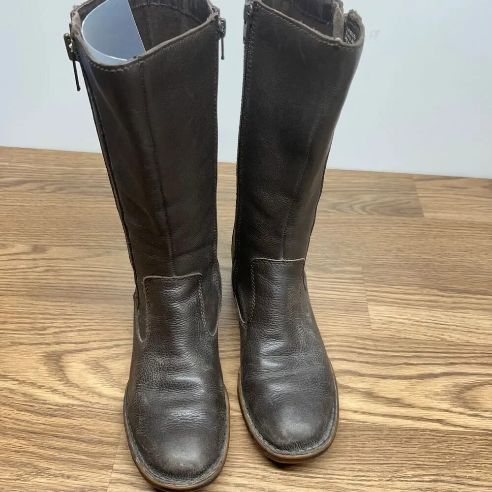 Born‎ Women Waters Brown Leather Zip Studded Moto Tall Boots Size 7 M Brown